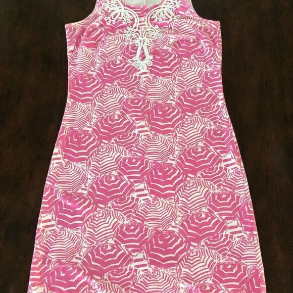 Lilly Pulitzer sleeveless pink & white shift dress with embroidered accent. - Picture 3 of 6